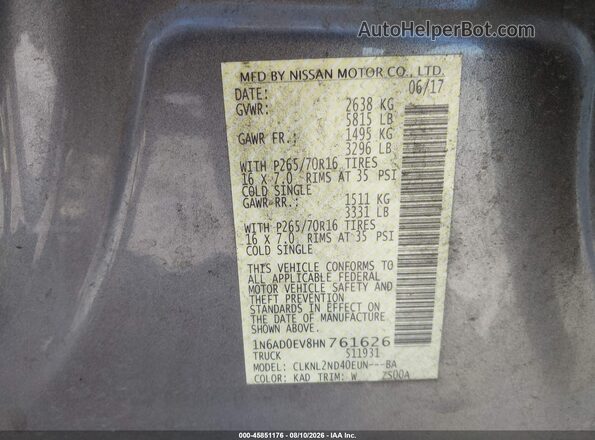1N6AD0EV8HN761626 2017 NISSAN FRONTIER Gray Widok komory silnika