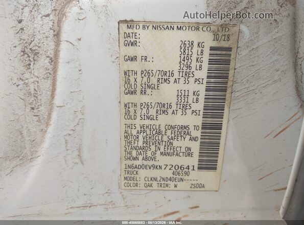 1N6AD0EV9KN720641 2019 NISSAN FRONTIER White Widok komory silnika
