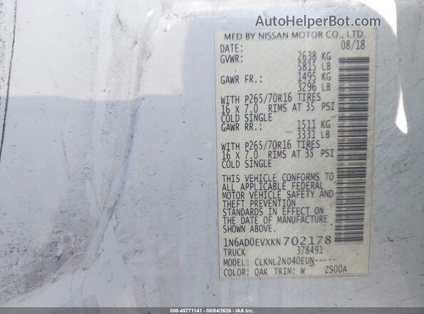 1N6AD0EVXKN702178 2019 NISSAN FRONTIER White Vista del compartimento del motor