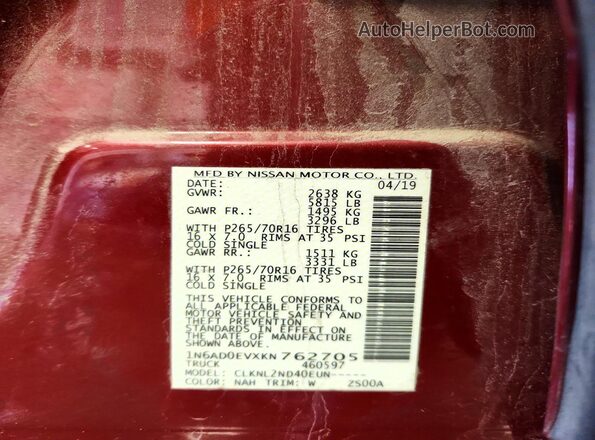 1N6AD0EVXKN762705 2019 NISSAN FRONTIER Burgundy VIN կոդի պիտակի տեսք