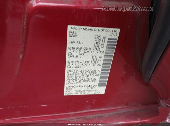 1N6AD0FR9GN744477 2016 NISSAN FRONTIER Red Вид підкапотного простору