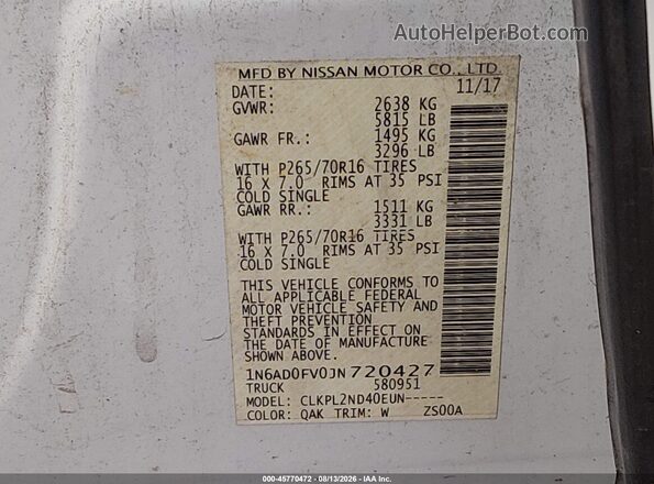 1N6AD0FV0JN720427 2018 NISSAN FRONTIER Белый Вид подкапотного пространства