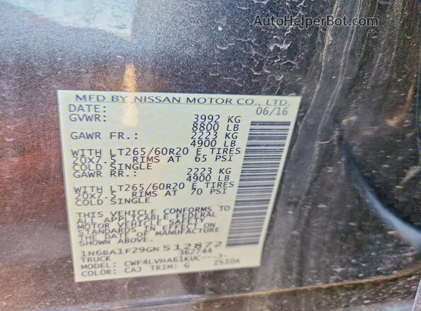 1N6BA1F29GN512872 2016 NISSAN TITAN Brown VIN կոդի պիտակի տեսք