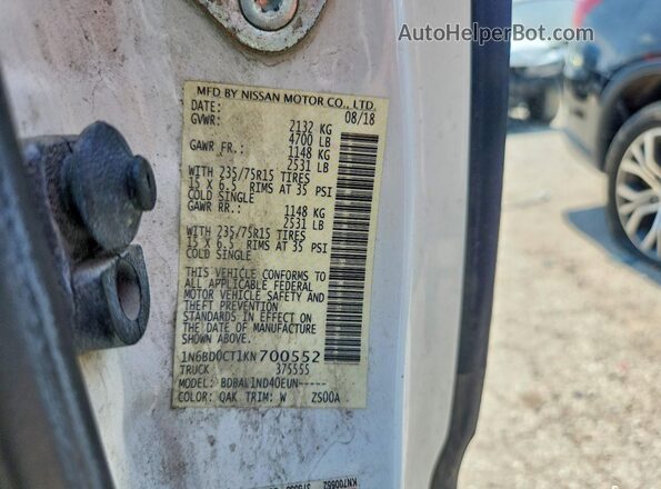 1N6BD0CT1KN700552 2019 NISSAN FRONTIER White Вид підкапотного простору