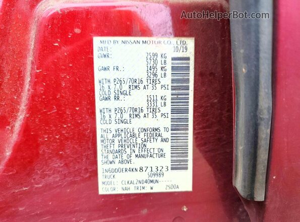 1N6DD0ER4KN871323 2019 NISSAN FRONTIER Red Вид наклейки з VIN-кодом