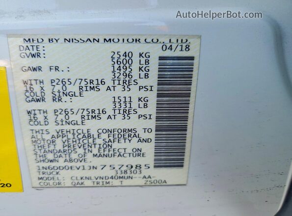 1N6DD0EV1JN757985 2018 NISSAN FRONTIER White Engine compartment view