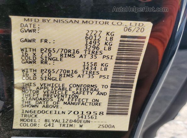 1N6ED0CE1LN701958 2020 NISSAN FRONTIER Black Շարժիչի բաժամունքի տեսք