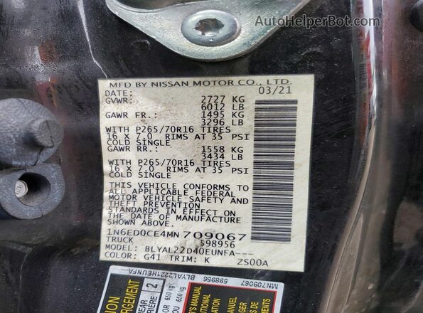 1N6ED0CE4MN709067 2021 NISSAN FRONTIER Black Вид наклейки з VIN-кодом