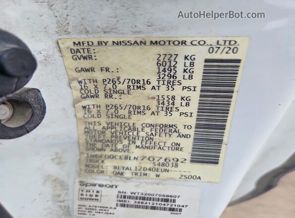 1N6ED0CE8LN707692 2020 NISSAN FRONTIER White Vista del compartimento del motor