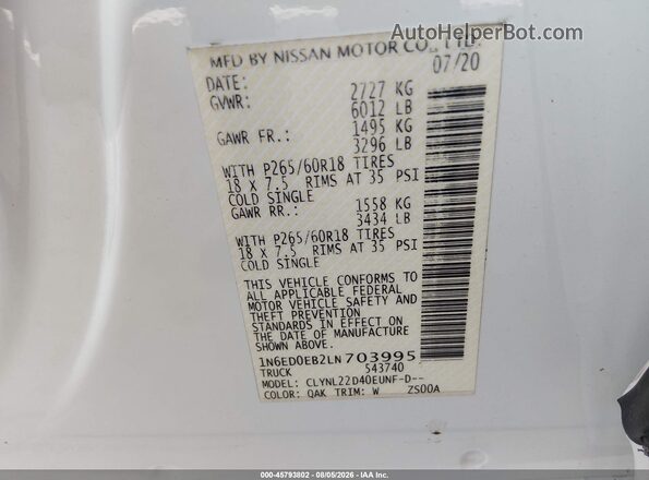 1N6ED0EB2LN703995 2020 NISSAN FRONTIER White Vista del compartimento del motor