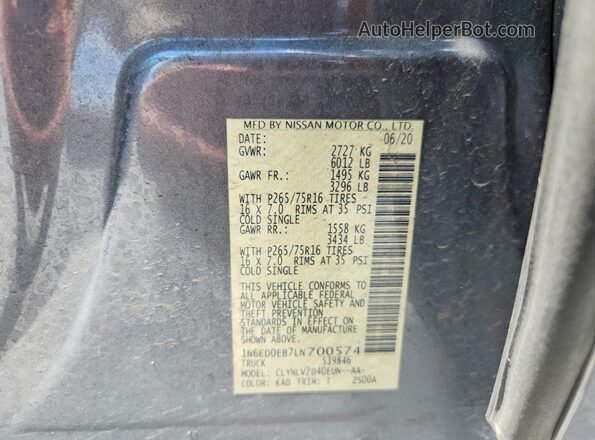 1N6ED0EB7LN700574 2020 NISSAN FRONTIER Gray Engine compartment view