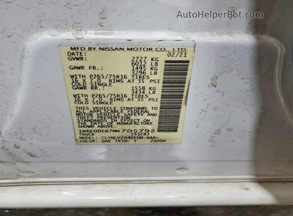 1N6ED0EB7MN705792 2021 NISSAN FRONTIER White Widok naklejki z numerem VIN