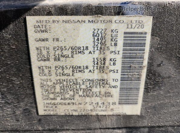 1N6ED0EB9LN724438 2020 NISSAN FRONTIER Black ძრავის განყოფილების ხედი