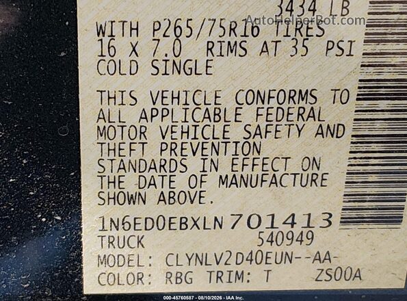 1N6ED0EBXLN701413 2020 NISSAN FRONTIER Blue Engine compartment view