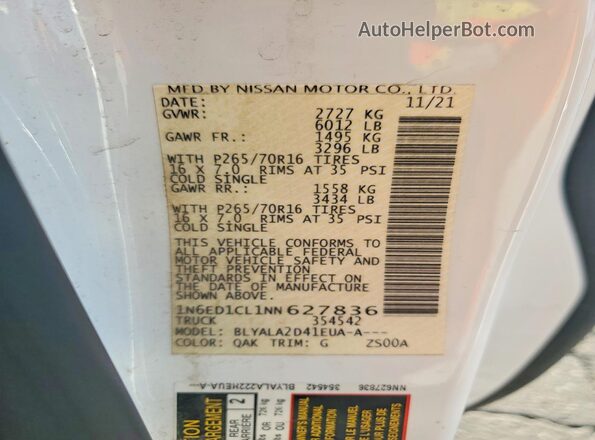 1N6ED1CL1NN627836 2022 NISSAN FRONTIER Белый Вид подкапотного пространства