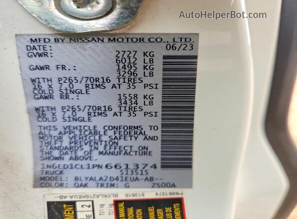 1N6ED1CL1PN661374 2023 NISSAN FRONTIER White VIN კოდის სტიკერის ხედი