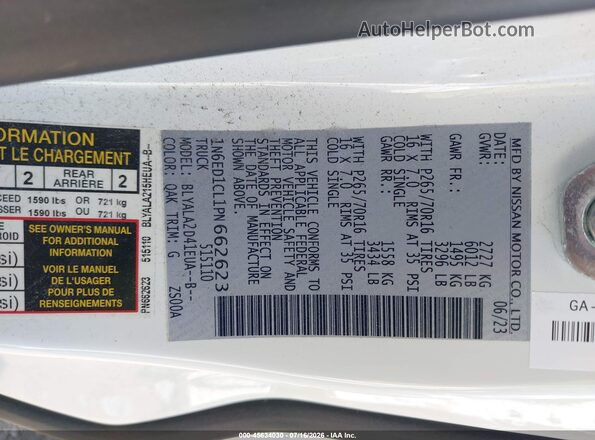1N6ED1CL1PN662623 2023 NISSAN FRONTIER White VIN sticker view
