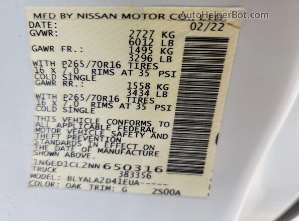 1N6ED1CL2NN650316 2022 NISSAN FRONTIER White Շարժիչի բաժամունքի տեսք