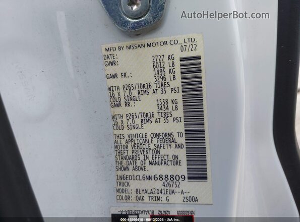 1N6ED1CL6NN688809 2022 NISSAN FRONTIER White Շարժիչի բաժամունքի տեսք
