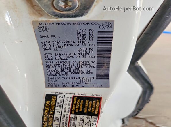 1N6ED1CL6RN647781 2024 NISSAN FRONTIER White Շարժիչի բաժամունքի տեսք