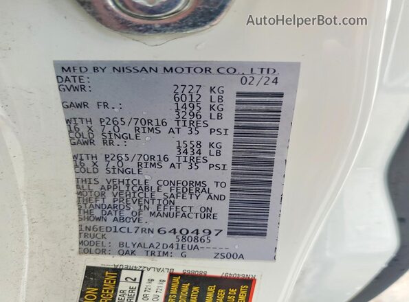 1N6ED1CL7RN640497 2024 NISSAN FRONTIER White Widok naklejki z numerem VIN