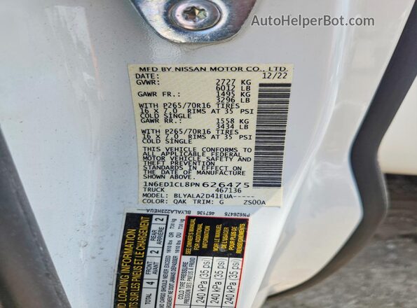 1N6ED1CL8PN626475 2023 NISSAN FRONTIER White VIN კოდის სტიკერის ხედი