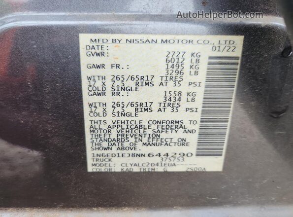 1N6ED1EJ8NN644290 2022 NISSAN FRONTIER Gray Vista del compartimento del motor