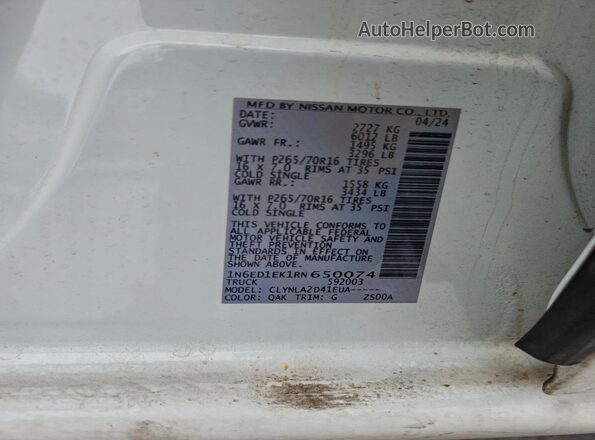 1N6ED1EK1RN650074 2024 NISSAN FRONTIER White VIN კოდის სტიკერის ხედი