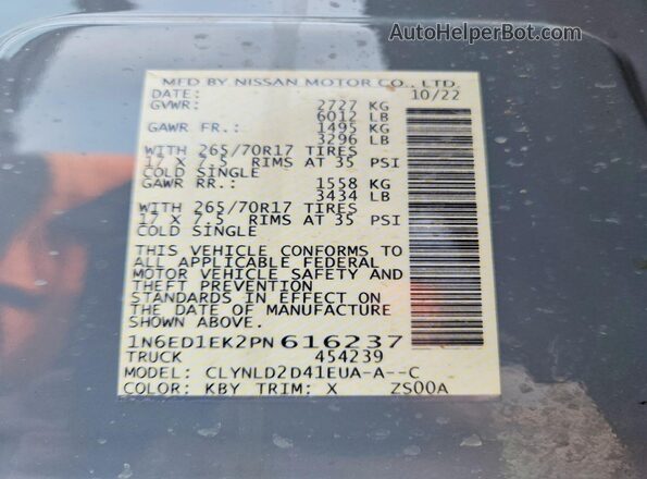 1N6ED1EK2PN616237 2023 NISSAN FRONTIER Gray Вид наклейки з VIN-кодом