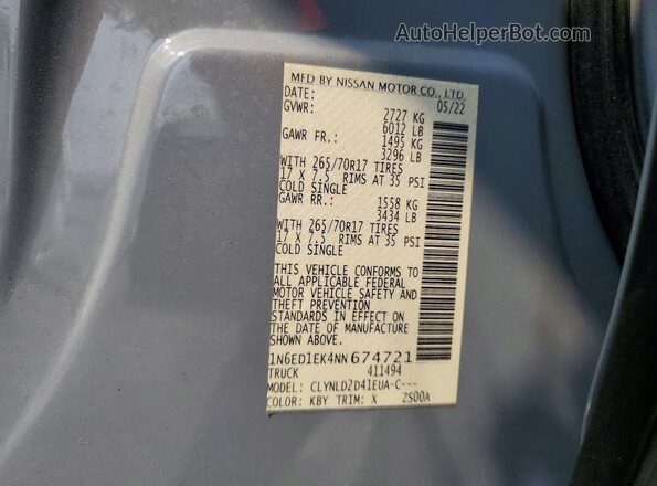 1N6ED1EK4NN674721 2022 NISSAN FRONTIER Gray Вид підкапотного простору