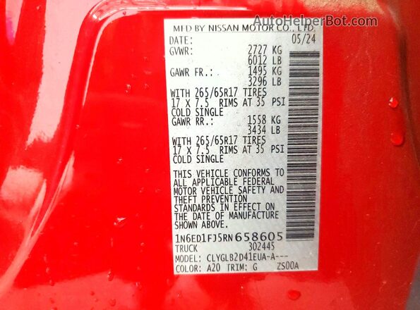 1N6ED1FJ5RN658605 2024 NISSAN FRONTIER Red VIN კოდის სტიკერის ხედი