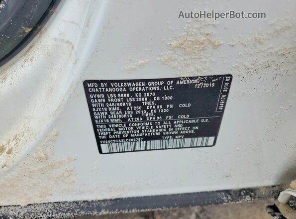 1V24C2CA2LC203787 2020 VOLKSWAGEN ATLAS White Вид наклейки з VIN-кодом