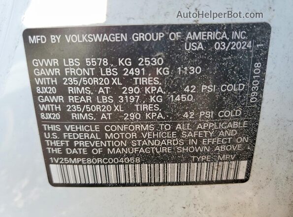 1V25MPE80RC004058 2024 VOLKSWAGEN ID.4 White Vista del compartimento del motor