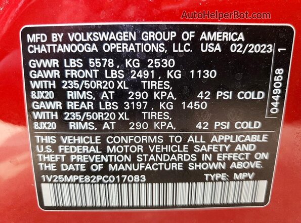 1V25MPE82PC017083 2023 VOLKSWAGEN ID.4 Red VIN კოდის სტიკერის ხედი