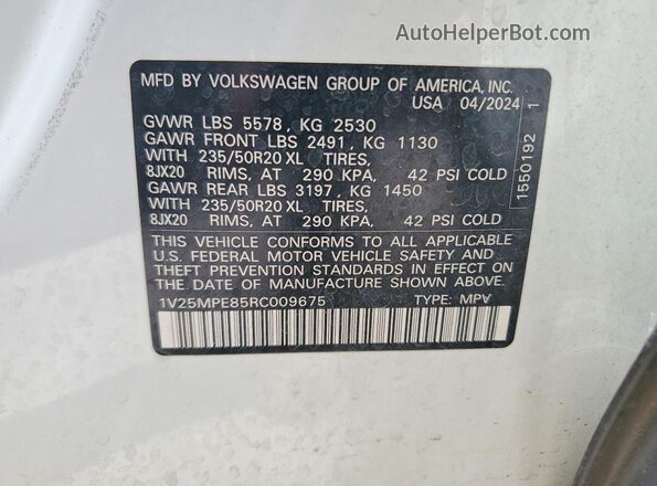 1V25MPE85RC009675 2024 VOLKSWAGEN ID.4 White Widok naklejki z numerem VIN