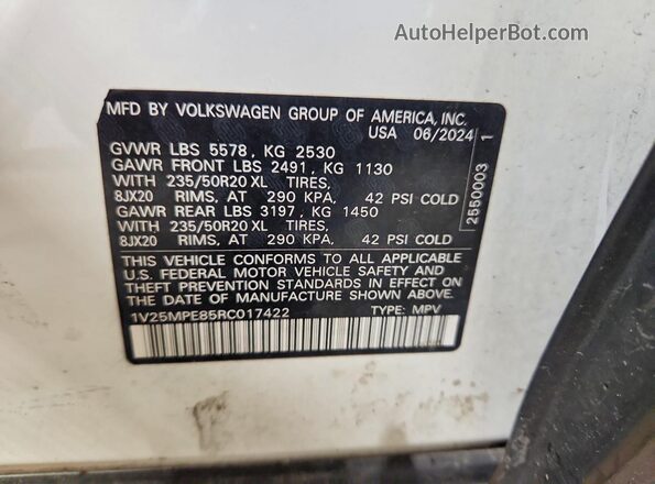 1V25MPE85RC017422 2024 VOLKSWAGEN ID.4 White VIN sticker view
