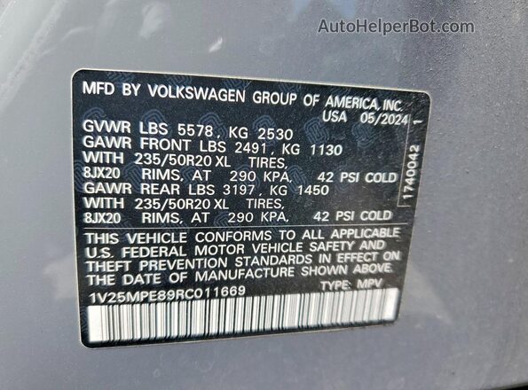 1V25MPE89RC011669 2024 VOLKSWAGEN ID.4 Gray Widok naklejki z numerem VIN