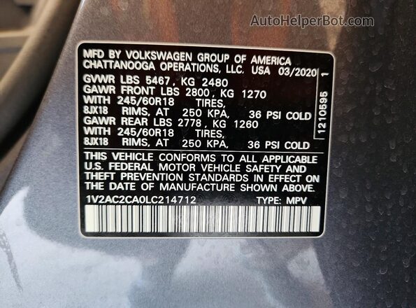 1V2AC2CA0LC214712 2020 VOLKSWAGEN ATLAS Gray Vista de la etiqueta del VIN
