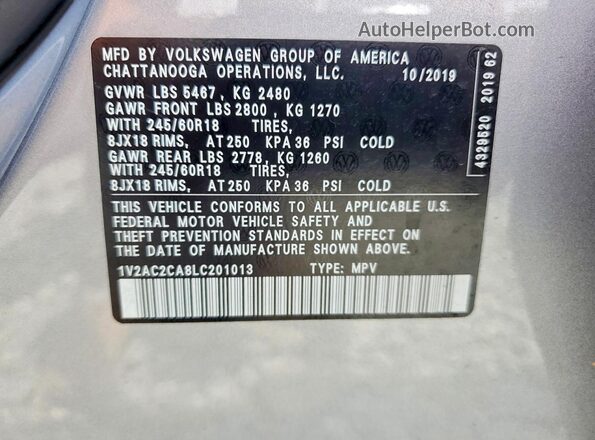 1V2AC2CA8LC201013 2020 VOLKSWAGEN ATLAS Silver Սալոնի 360 աստիճան տեսք