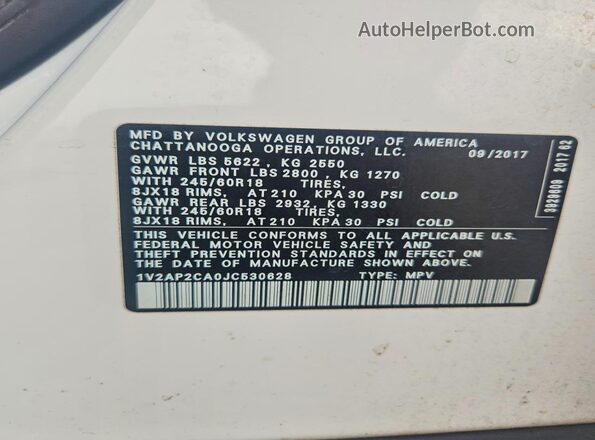 1V2AP2CA0JC530628 2018 VOLKSWAGEN ATLAS White Widok naklejki z numerem VIN