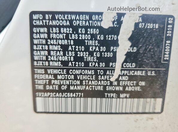 1V2AP2CA0JC584771 2018 VOLKSWAGEN ATLAS Белый Вид наклейки с VIN-кодом