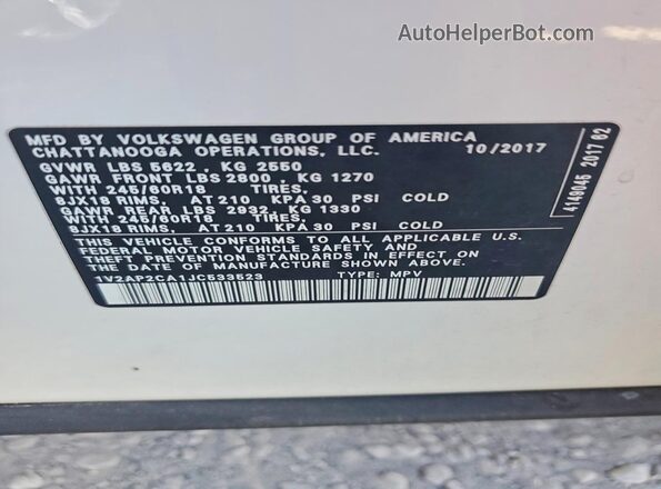 1V2AP2CA1JC533523 2018 VOLKSWAGEN ATLAS White Widok wnętrza 360 stopni