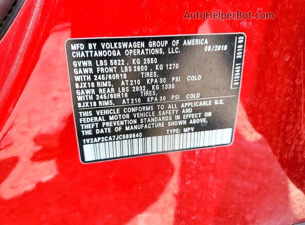 1V2AP2CA7JC589840 2018 VOLKSWAGEN ATLAS Red Engine compartment view