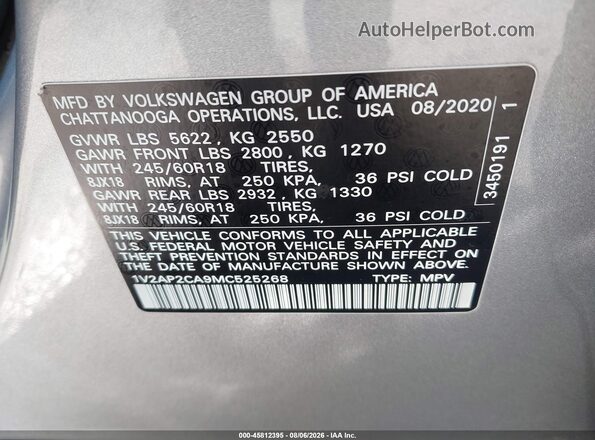 1V2AP2CA9MC525268 2021 VOLKSWAGEN ATLAS Серебряный Вид подкапотного пространства