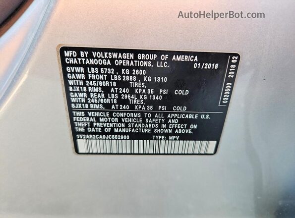 1V2AR2CA9JC552900 2018 VOLKSWAGEN ATLAS Silver Vista de la etiqueta del VIN