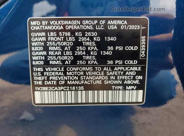 1V2BE2CA3PC216135 2023 VOLKSWAGEN ATLAS Синий Вид наклейки с VIN-кодом