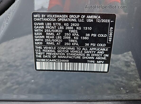 1V2BE2CA4RC224649 2024 VOLKSWAGEN ATLAS Gray Вид наклейки з VIN-кодом
