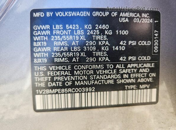 1V2BMPE85RC003992 2024 VOLKSWAGEN ID.4 Серебряный Панорамный вид салона 360°