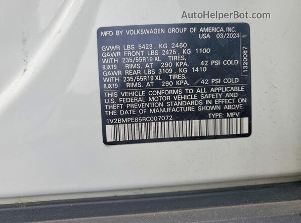 1V2BMPE85RC007072 2024 VOLKSWAGEN ID.4 White Vista de la etiqueta del VIN