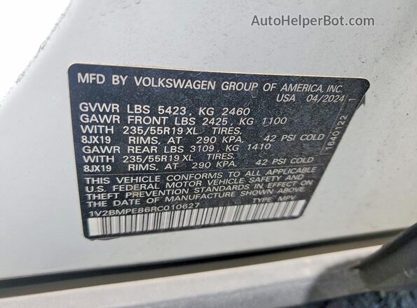 1V2BMPE86RC010627 2024 VOLKSWAGEN ID.4 White Вид наклейки з VIN-кодом
